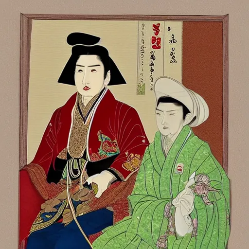 Image similar to sri sultan hamengkubuwono ix, utamaro kitagawa and raden saleh style