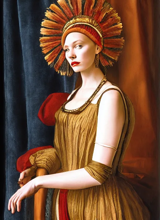 Image similar to portrait of young woman in renaissance dress and renaissance headdress, style by the fifth element