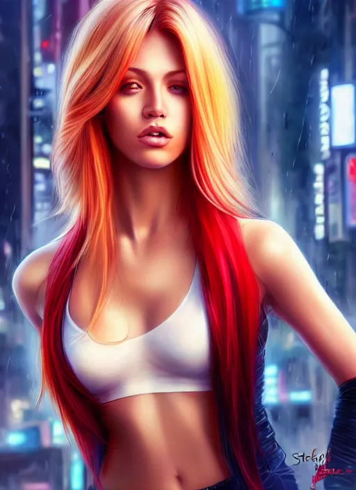 Image similar to photo of a gorgeous blonde and red ombre hair female in the style of stefan kostic, realistic, half body shot, sharp focus, 8 k high definition, insanely detailed, intricate, elegant, art by stanley lau and artgerm, cyberpunk city backgeound