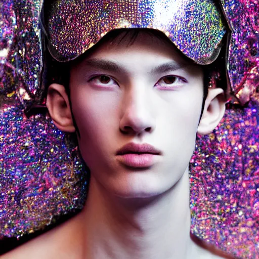 Prompt: a portrait of a beautiful young male wearing an alexander mcqueen armor made of holographic pearls , photographed by andrew thomas huang, artistic