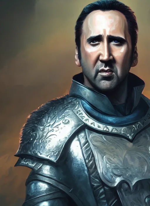 Image similar to A fantasy comic book style portrait painting of as Nicolas Cage as a paladin, unreal 5, DAZ, hyperrealistic, octane render, RPG portrait, dynamic lighting