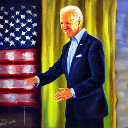 Prompt: Joe Biden shaking the hand of no one, colorful oil painting