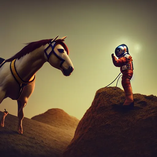 Prompt: photography of animal horse riding on top of an human man in astronaut costume. from western by hiroyuki okiura and katsuhiro otomo and alejandro hodorovski style with many details by mike winkelmann and vincent di fate in sci - fi style. volumetric natural light photo on dsmc 3 system,