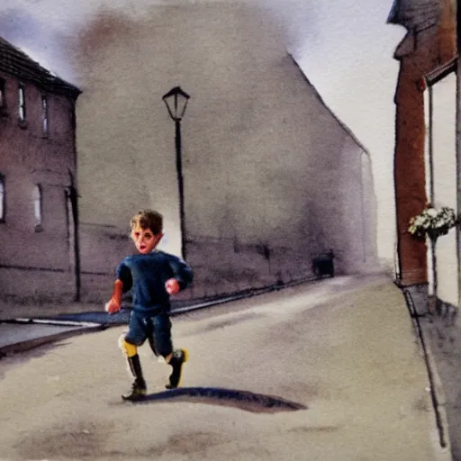 Prompt: a young boy is running along a street in bellshill, scotland, in the late 1 9 7 0 s. watercolour