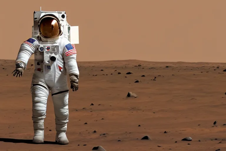 Image similar to female astronaut taking the first steps on mars, landed spaceship in background