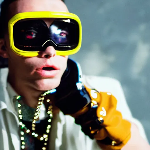 Image similar to kodak portra 4 0 0 photograph of a cybergoth guy wearing goggles and eclectic jewelry, moody lighting, telephoto, 9 0 s vibe, blurred background