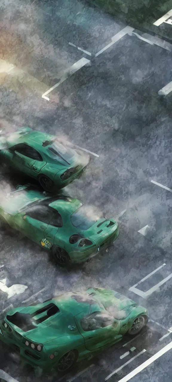Prompt: anime screenshot of green jdm mazda rx - 7 with scouting legion logo on it's door drifting in attack on titan city, illustration, cinematic, blurry, long exposure, 4 k, spotlight, ray tracing reflections, ray traced