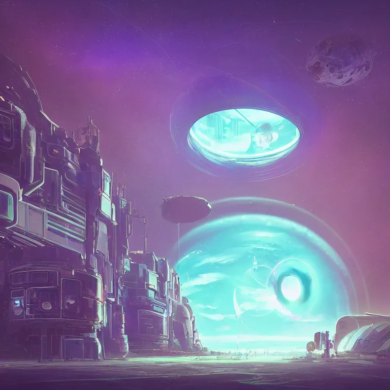 Image similar to a circle portal structure floating in outer - space, cyberpunk, epic surrealism, indigo, purple, cyan, detailed digital matte painting in the style of simon stalenhag and painting by ralph mcquarrie