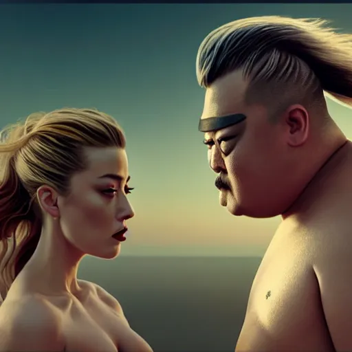 Image similar to Amber Heard and Johnny Depp are sumo fighting, artstation, matte painting, highly detailed, intricate, concept art, dramatic cinematic lighting, octane render, 8k, unreal engine