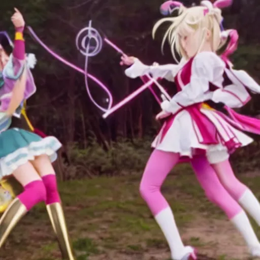 Image similar to a battle of two real-life mahou shoujo girl using a magic attack, still of an epic movie scene