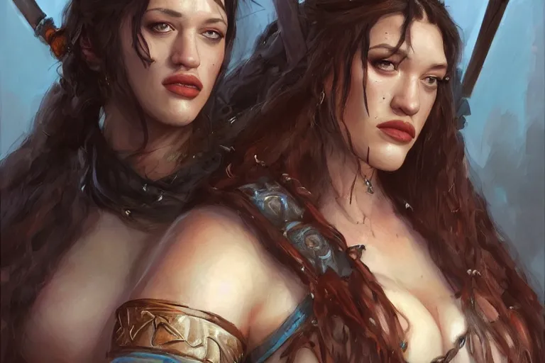 Prompt: A portrait of a Kat Dennings as a barbarian from the conan the barbarian universe by Ruan Jia and Mandy Jurgens and Artgerm and william-adolphe bouguerea, highly detailed, trending on artstation, award winning, H 768