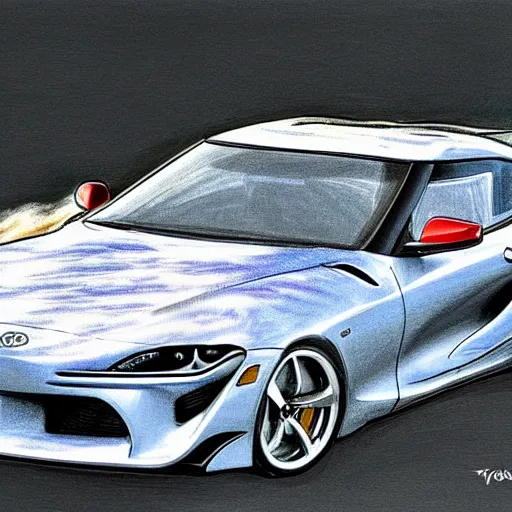 Image similar to toyota supra flying through the skies leaving a vapor trail, children's drawing, insanely detailed