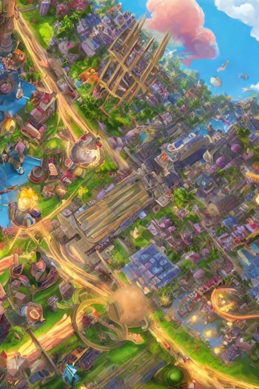 Image similar to ! dream hyperrealistic photo of a city of love, bombs are falling from the sky, medium angle, in the style of hearthstone game