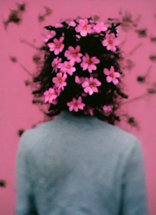 Prompt: extra close-up, color film photography, the back of a woman\'s head with interwoven flowers against a pink wall, daylight, 35mm