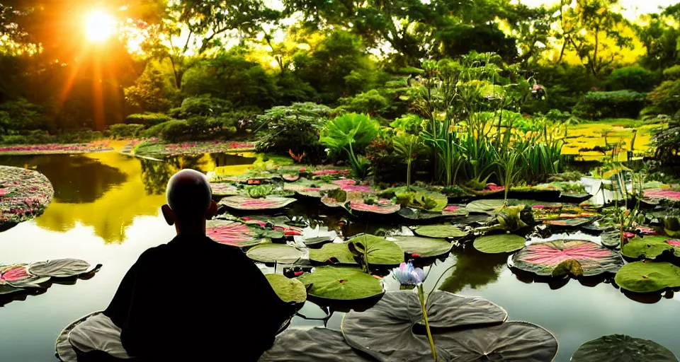 Prompt: ant view of a zen master, in a lotus position, symmetrical body, clothed in a beautiful kimono quietly sitting in a rock garden overlooking a pond of lilly pads during a sublime sunset, one sun, his dark silhouette completely obscured by bokeh, colorful masterpiece photography,
