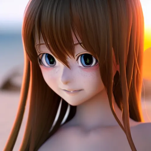 Image similar to nymph render of a very beautiful 3d anime girl, long hair, hazel eyes, cute freckles, full round face, short smile, cute white t-shirt, golden hour, serene beach setting, medium shot, mid-shot, highly detailed, trending on Artstation, Unreal Engine 4k