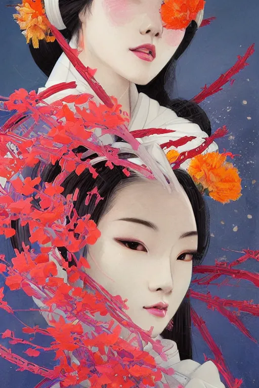 Image similar to a professional painting of a beautiful Japanese Geisha girl, in brightly colored kimono, long dark hair, beautiful bone structure, symmetrical facial features, intricate, elegant, digital painting, concept art, smooth, sharp focus, illustration, from StarCraft by Ruan Jia and Mandy Jurgens and Artgerm and William-Adolphe Bouguerea