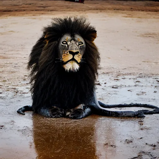 Image similar to a shiny black gooey covered lion emerging from gooey sticky tar pits, strands of tar sticking to the lion. wildlife photography, photo, dslr, safari, full body, goo