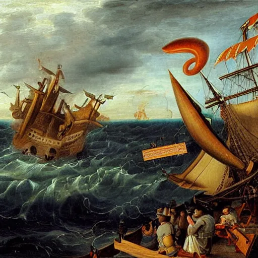 Prompt: A giant squid destroying a cruise ship in the middle of the ocean, by Jan Steen