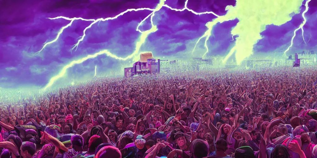 Image similar to Lightning strikes while rapper leaning over huge crowd reaching up to him, digital art, vapor wave, hip hop, surreal, trending on Artstation, professional artist, detailed, 4k