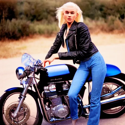Prompt: an analog Hassleblad 120mm color photography, a Hollywood actress, blonde, slim. wearing a leather jacket, white t-shirt, blue jeans, posing on a motorcycle, Kodak Ektachrome 100,