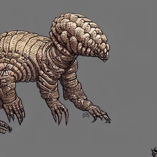 Prompt: a cyborg alien pangolin. highly detailed. staning upright. white and gold scalea. digital ink. far future. award winning artstation