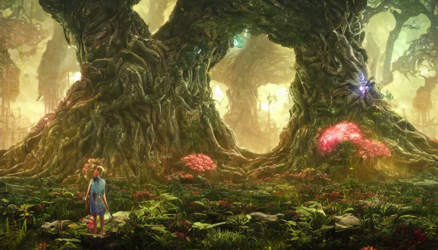 Image similar to ben lo illustration of the largest tree in the world under force field, bioshock concept art, solarpunk, hopeful, colorful, flowers, deity, unreal engine, hyper realism, realistic shading, cinematic composition, realistic render, octane render, detailed textures, photorealistic, wide shot