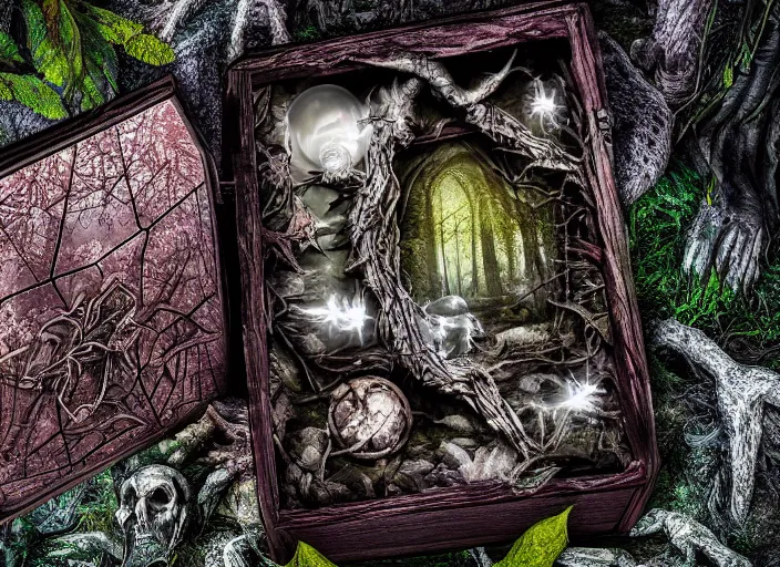 Image similar to photo of a crystal box with horrors inside in the forest. Fantasy horror style. Highly detailed 8k. Intricate. Nikon d850 55mm. Award winning photography.