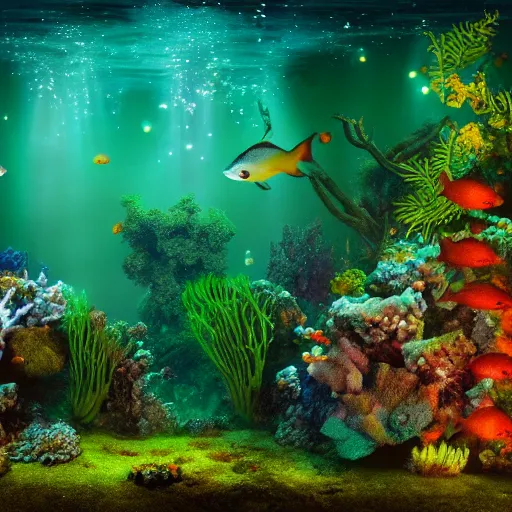 Prompt: beautiful underwater forest with fish, hyper realistic, 28mm lens, award winning photos, cinematic lighting, moonlit