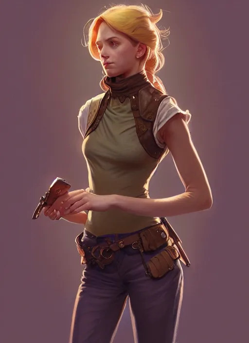 Image similar to portrait of a full body of beautiful young female detective, d & d, sleeveless turtleneck, fantasy, flat lighting, intricate, highly detailed, digital painting, artstation, concept art, smooth, sharp focus, illustration, art by simon bisley and greg rutkowski and alphonse mucha, natural tpose