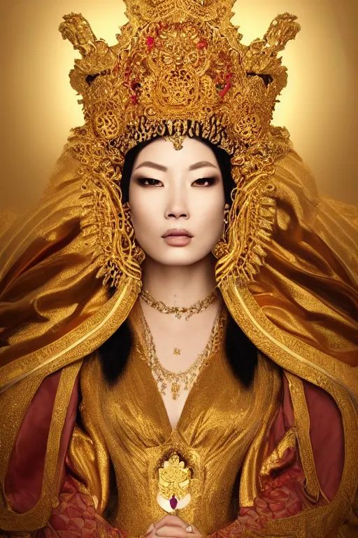 Image similar to a beautiful empress portrait, with a brilliant, impossible striking shiny big gold headpiece, gold clothes, rococo, baroque, jewels, asian, realistic, closeup, D&D, fantasy, intricate, elegant, highly detailed, digital painting, artstation, octane render, studio lighting, 8k, concept art, matte, sharp focus, illustration, art by Gustav Klimt, Artgerm and Greg Rutkowski and Alphonse Mucha