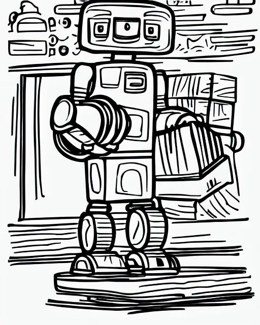 Image similar to robot carrying groceries, coloring book, line art, simple, low detail