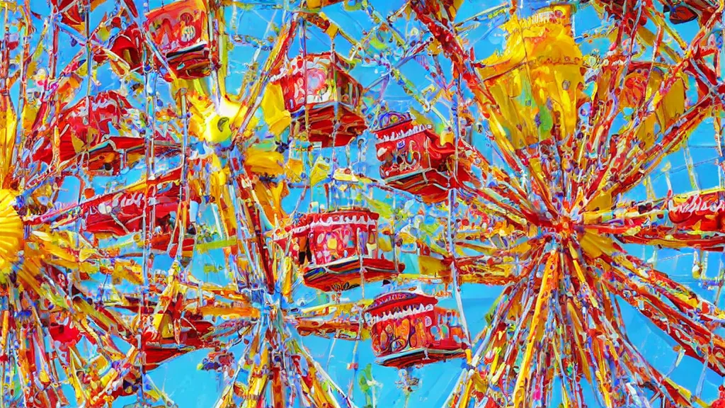 Image similar to carnival town, the horror carnival drawn in the style of a children's book. ferris wheel, circus tent, and carousel. disney style. cutesy, fun, and bright. color harmony, 8 k detail, gallery quality, hd wallpaper, premium prints available, hyper - detailed, intricate design.