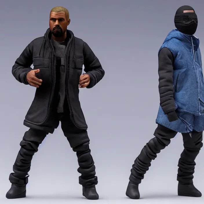 Image similar to a action figure of kanye west using full face - covering black mask with small holes. a small, tight, undersized reflective bright blue round puffer jacket made of nylon. a shirt underneath. jeans pants. a pair of big rubber boots, figurine, detailed product photo, 4 k, realistic, acton figure, studio lighting, professional photo