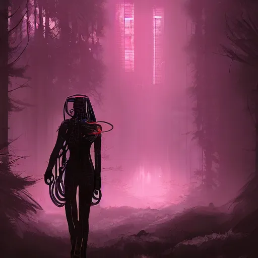 Image similar to lost in the cyberpunk forest, digital art, artstation