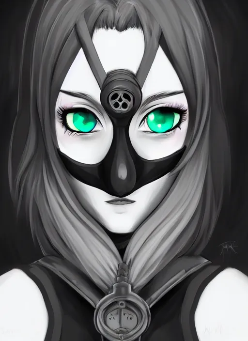 Image similar to face portrait of goth anime girl with black and white hair wearing a gas mask, symmetry, digital painting, trending on artstation and deviantart, epic composition, dynamic, highly detailed, ross draws, wlop, 8 k