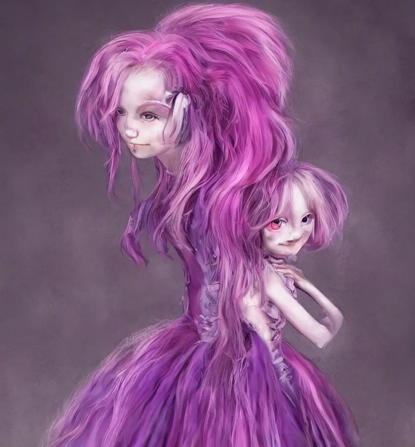 Prompt: little girl with eccentric pink hair wearing a dress made of purple fur, anatomically perfect, art by dcwj,