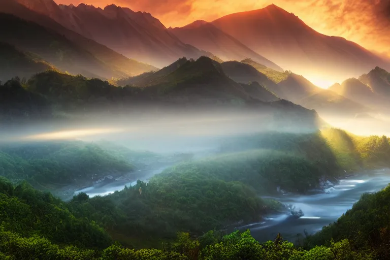 Image similar to landscape photography of fundatura ponorului by marc adamus, morning, mist, rays of light, beautiful