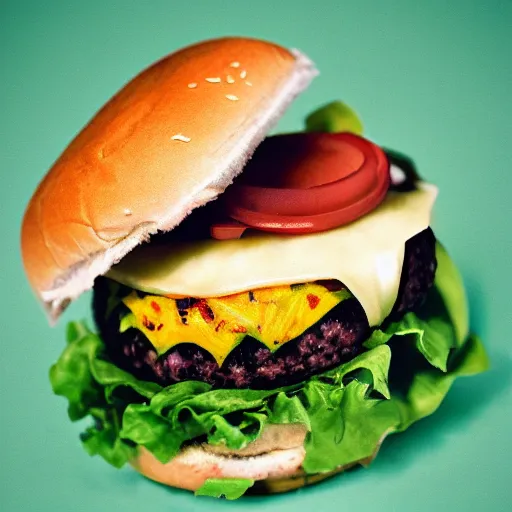 Image similar to a delicate foto of a cheesburger, 3 5 mm, nikon, in the style of karl lagerfeld, fuji film, green tones, dof