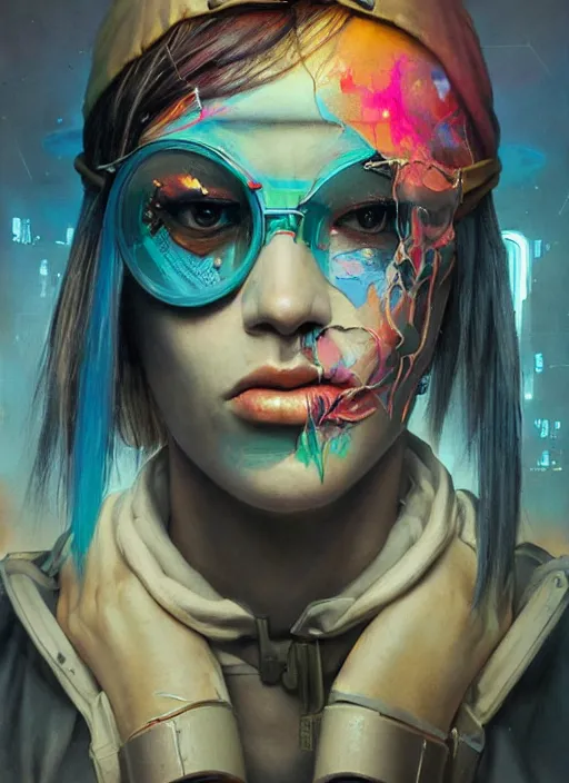 Prompt: beautiful portrait of Lofi cyberpunk Casper, by Tristan Eaton, Stanley Artgermm, Tom Bagshaw, Greg Rutkowski, Carne Griffiths. trending on DeviantArt, face enhance, hyper detailed, trending on Artstation, 8k, masterpiece, graffiti paint, fine detail, full of color, intricate detail, golden ratio illustration