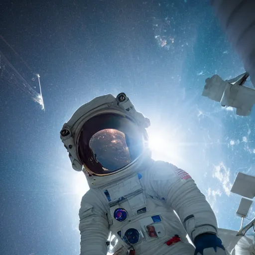 Image similar to photograph of an astronaut in space, singular light source from below, earth only visible below, darkness above, full body photo, amazing light and shadow contrast, 8 k