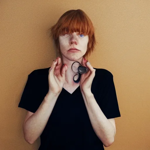 Image similar to an award winning close up portrait of face of cute 1 9 year old white woman with tired eyes, no makeup, freckles, strong jawline, skinny, short straight ginger hair in a bob style, black t shirt, flash photography, photographed by terry richardson,