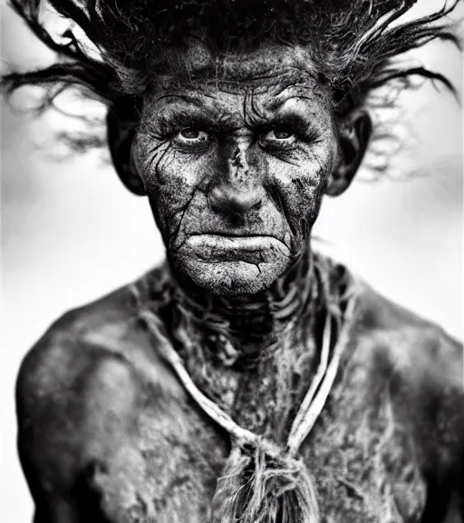 Prompt: Award winning reportage photo of prehistoric Cavepersons with incredible insane hair and beautiful hyper-detailed eyes wearing traditional garb by Lee Jeffries, 85mm ND 5, perfect lighting, gelatin silver process