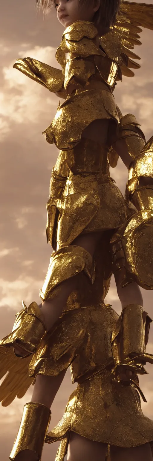 Image similar to a full length single young girl wearing a gold armor fighting angels in the sky, extremely realistic and highly detailed 8 k, sharp focus, octane render, dramatic volumetric lighting and extremely realistic faces