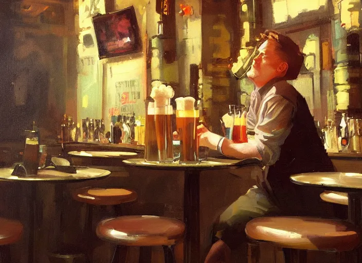 Prompt: greg manchess still life painting of a delicious mug of beer in an empty dieselpunk bar, organic painting, matte painting, bold shapes, hard edges, street art, trending on artstation, by huang guangjian and gil elvgren and sachin teng