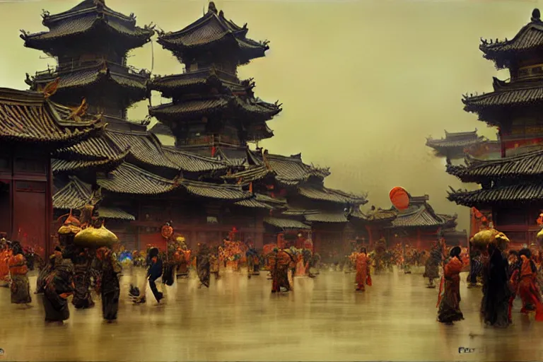 Prompt: tang dynasty city, painting by gaston bussiere, craig mullins, j. c. leyendecker, tom of finland