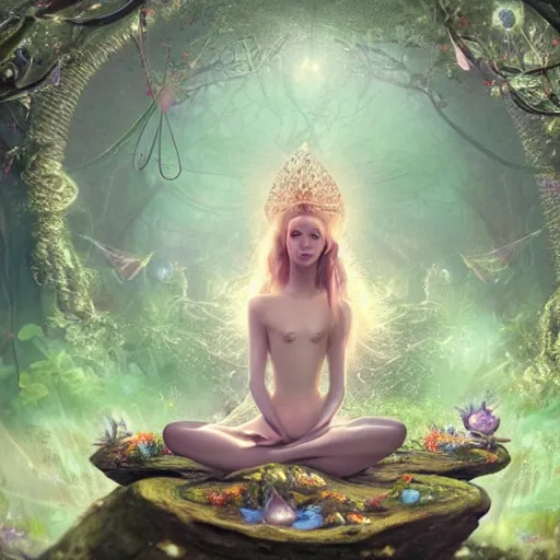 Prompt: elven princess meditating in forest, magical flowers, surrounded by fairies, beautiful face, wisps, surreal, surrealist art, digital art, trending on artstation, ultra detailed, intricate, sacred geometry, serene, beautiful, photo, realistic, perfect, smooth, light shafts, light diffusion, chromatic aberration, moebius, by moebius, peter mohrbacher