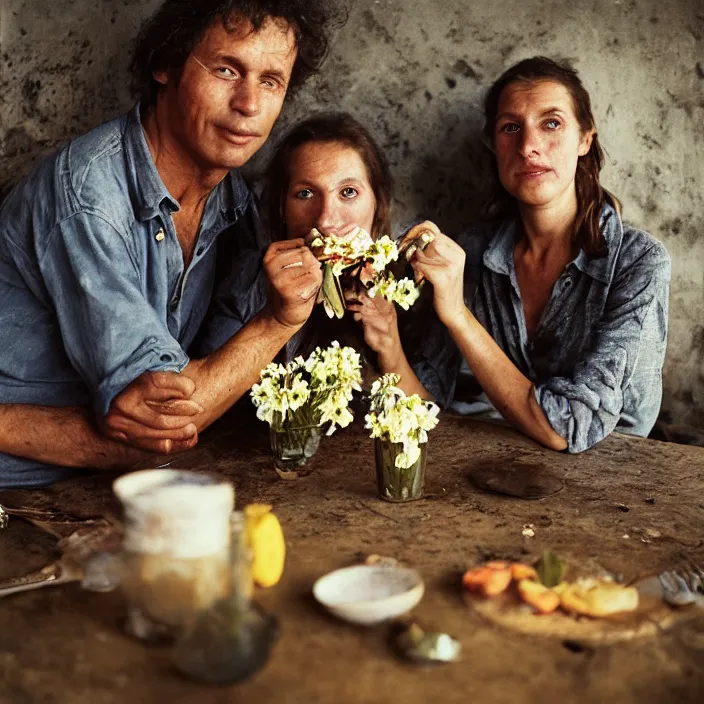 Image similar to closeup portrait of a couple eating flowers at a dining table, in a burnt charred house, by Annie Leibovitz and Steve McCurry, natural light, detailed face, CANON Eos C300, ƒ1.8, 35mm, 8K, medium-format print