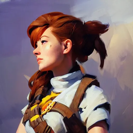 Image similar to greg manchess portrait painting of a aloy as overwatch character, medium shot, asymmetrical, profile picture, organic painting, sunny day, matte painting, bold shapes, hard edges, street art, trending on artstation, by huang guangjian and gil elvgren and sachin teng