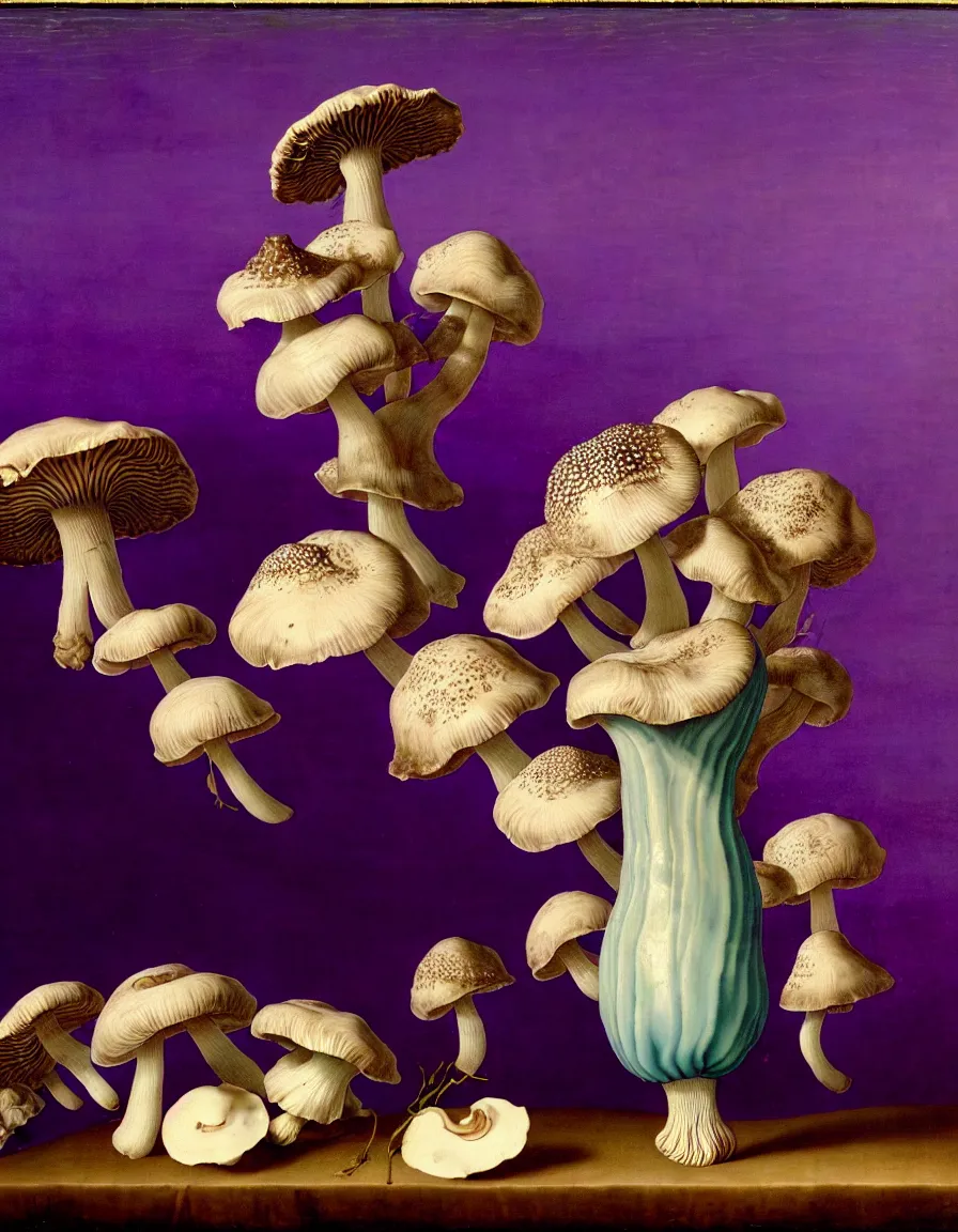 Prompt: vase of mushroom in a purple sky and under the sea decorated with a dense field of stylized scrolls that have opaque blueish outlines, with jellyfishes, ambrosius benson, oil on canvas, hyperrealism, light color, no hard shadow, around the edges there are no objects